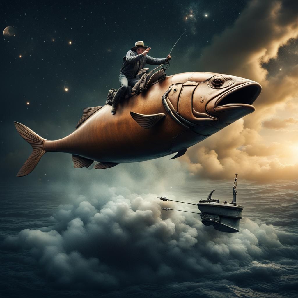 Surreal Bull Rides Fish Submarine in Starry Sky