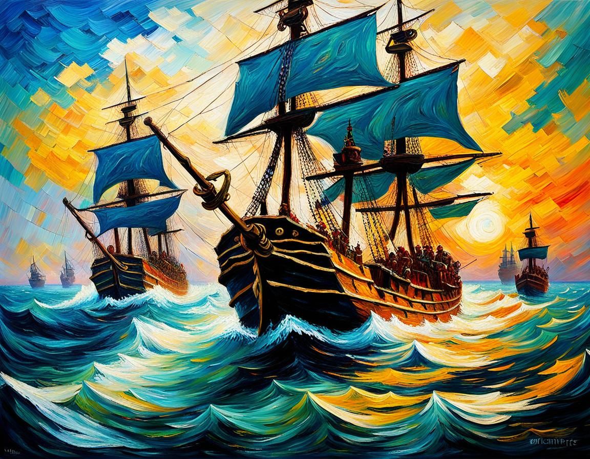 Pirates Clash with Marines: Neo-Impressionist Seascape