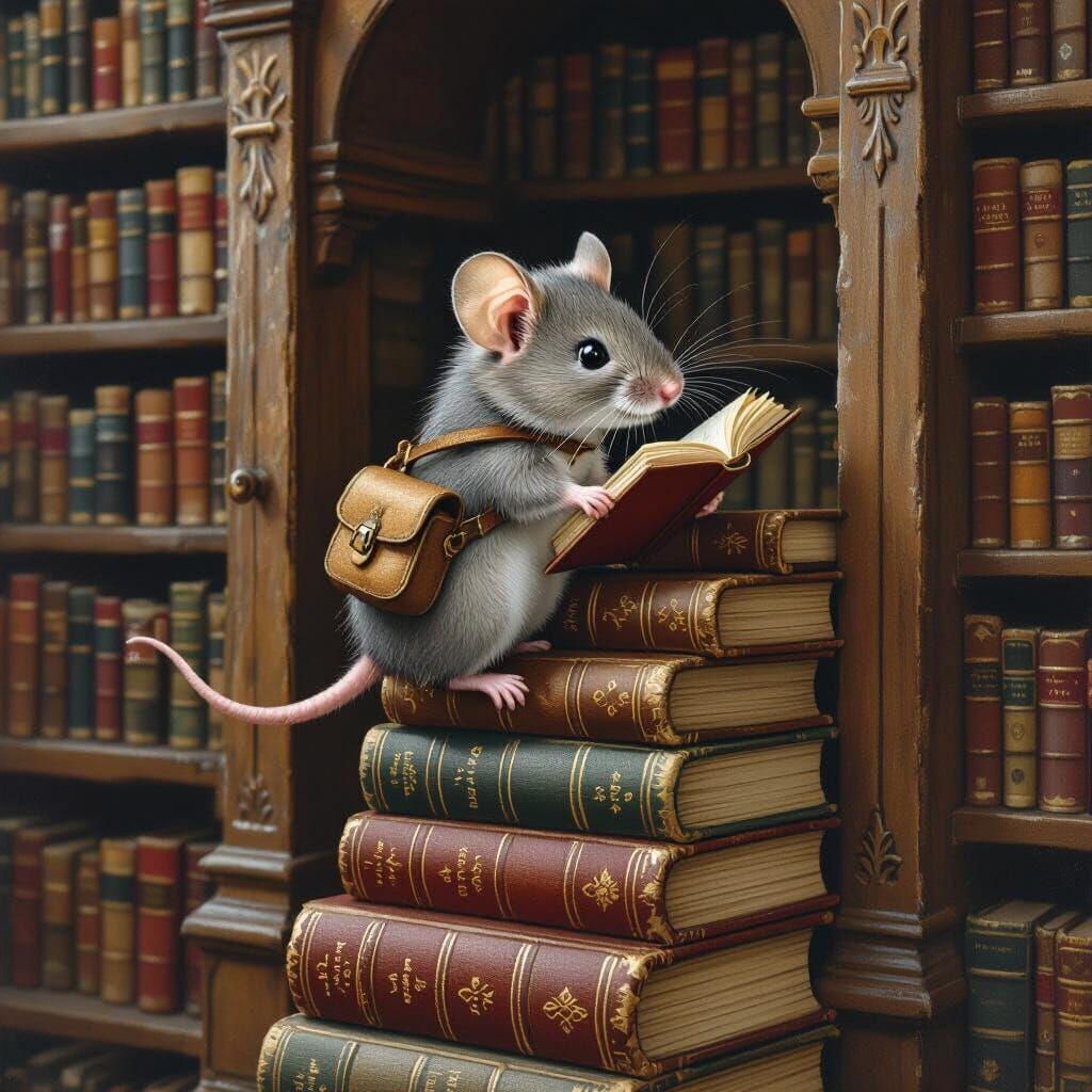 Mouse in Library: Whimsical Illustration