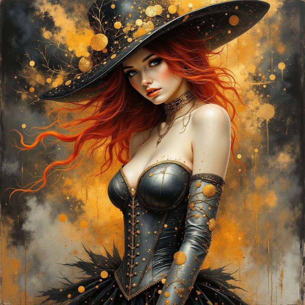 Futuristic Anime Lady with Flaming Hair in Silver Corset