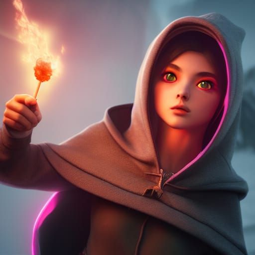 Wizard Girl Conjuring Fireball in Dark Fantasy Style