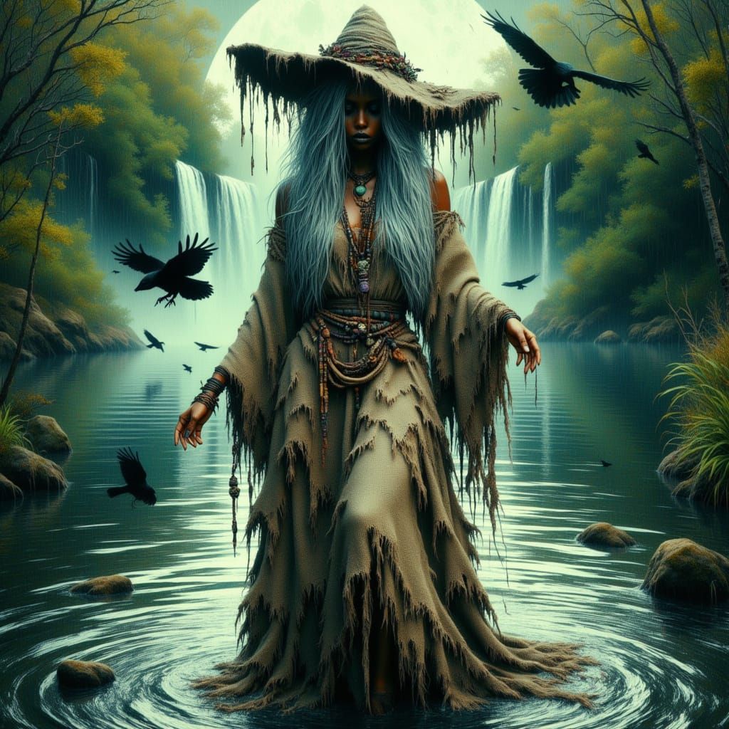 Mystical River Witch in Ethereal Volumetric Lighting