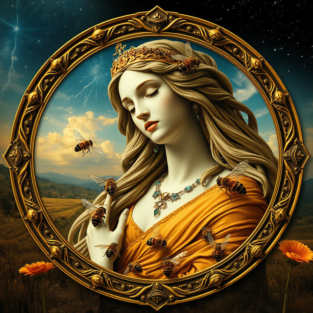 Goddess with Bees in Dali Style Astral Frame