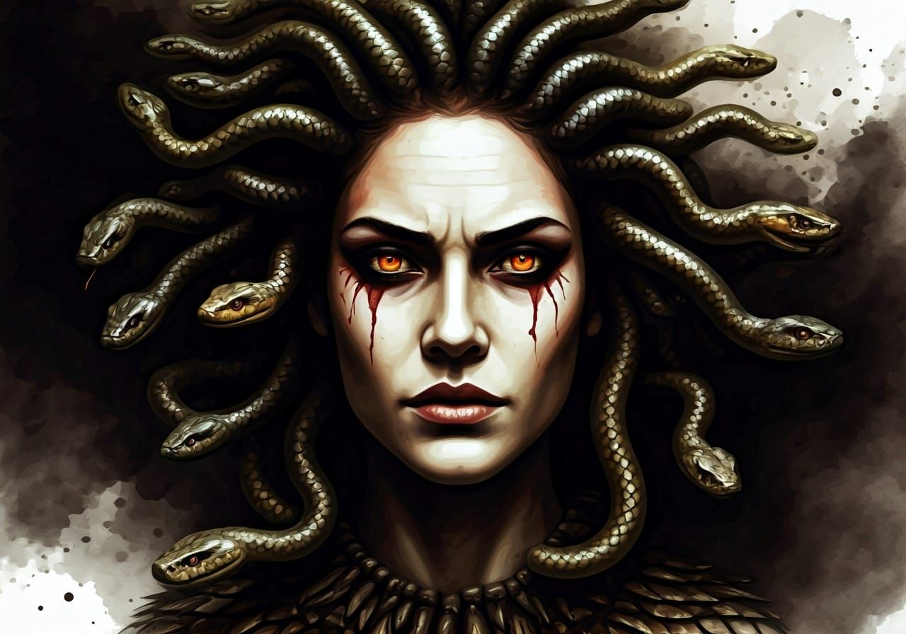 Menacing Medusa in Charcoal and Watercolour Style