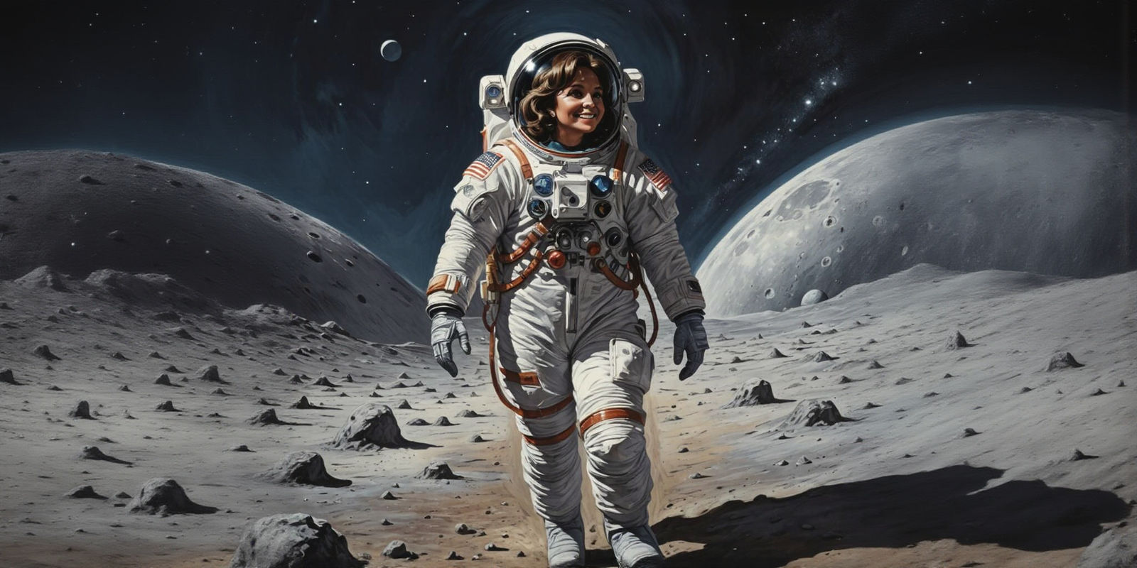 Smiling Astronaut Walks on Moon, Comic Book Art