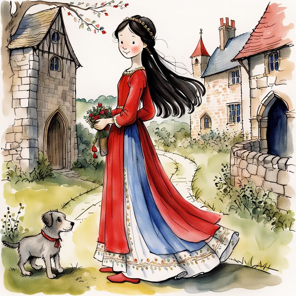 Medieval Princess and Dog in Child's Crayon Drawing