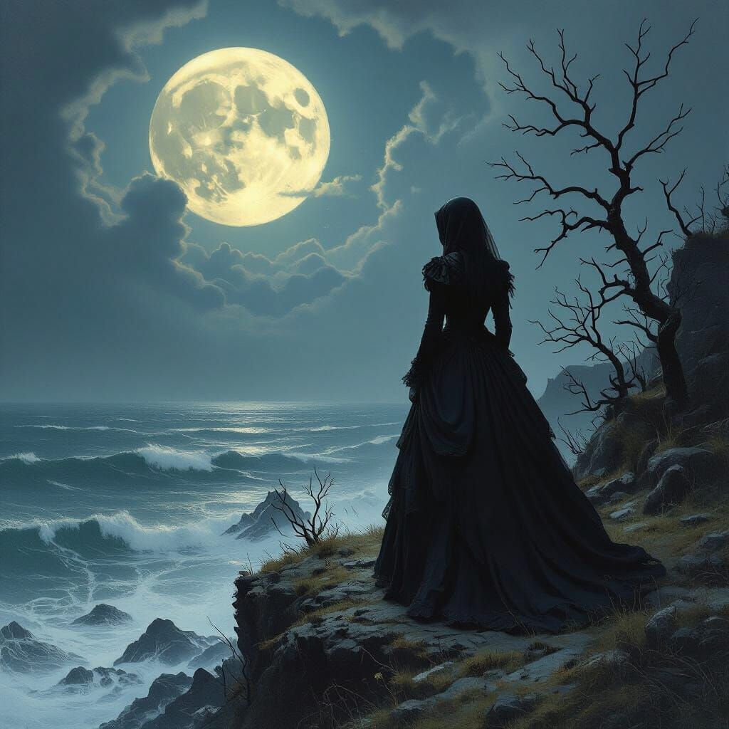 Victorian Mourning on a Windswept Cliff