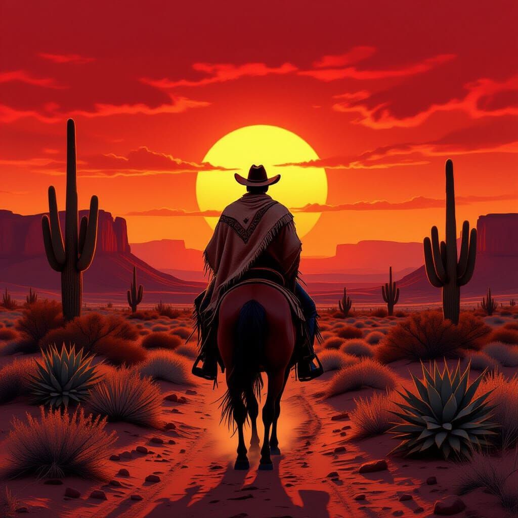 Lonesome Rider in Burning Desert Sunset