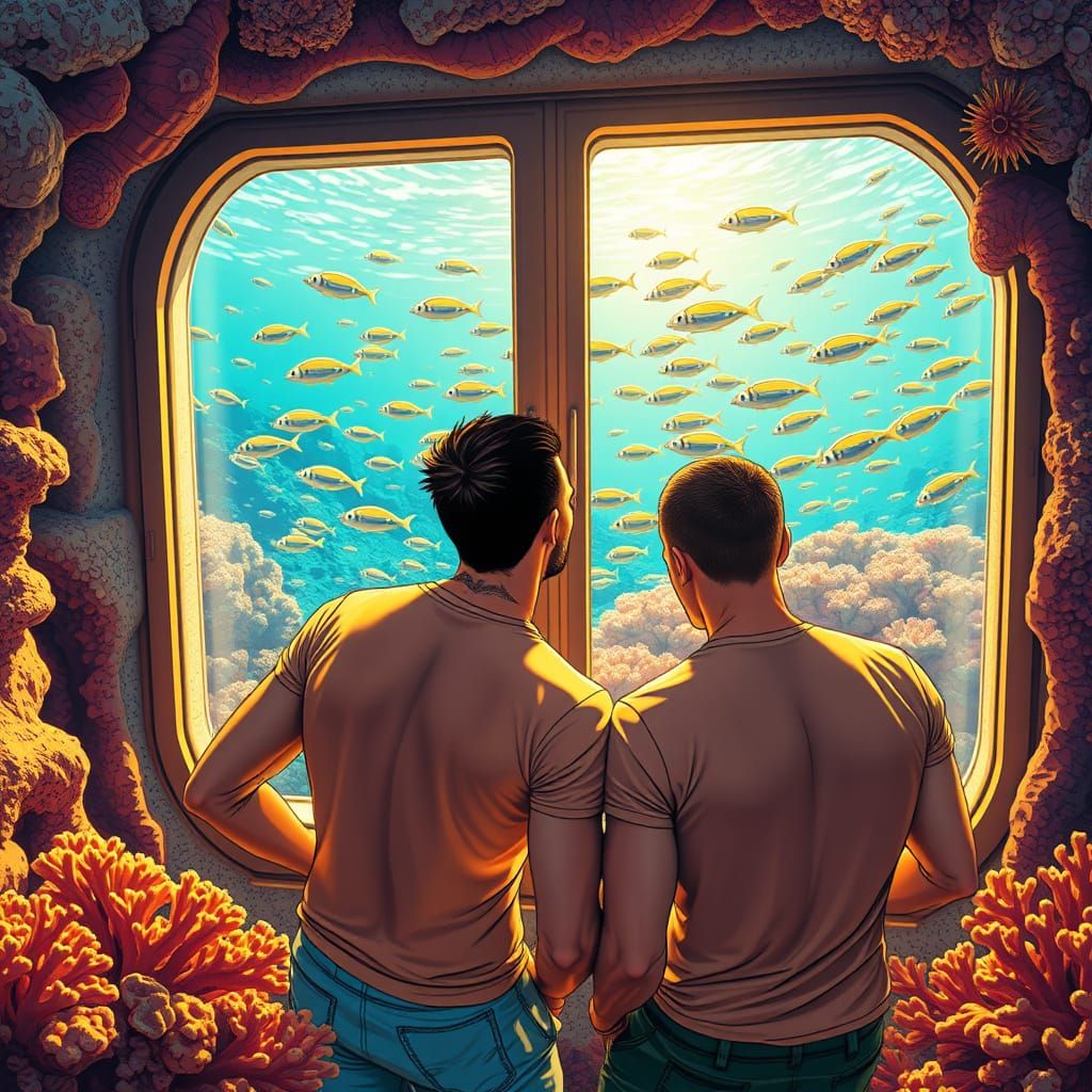 Gay Men Gaze Out at Vibrant Coral Reef Scene