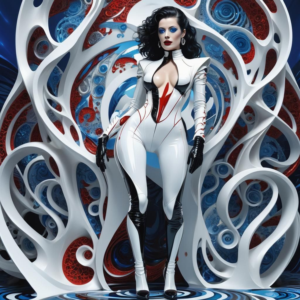 Futuristic Woman in Latex Catsuit with Curled Hair