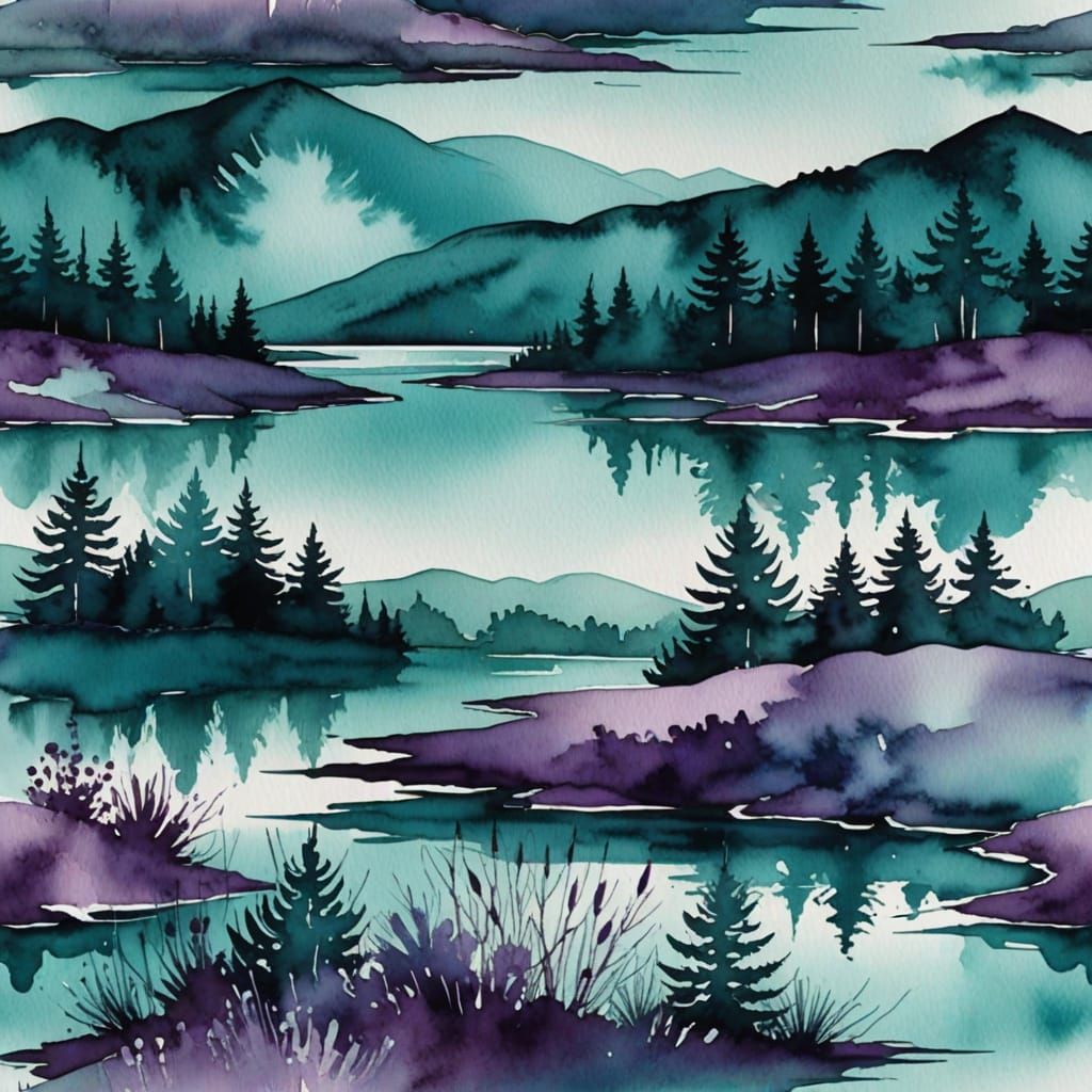 Teal and Purple Watercolor Landscape: Modern Style