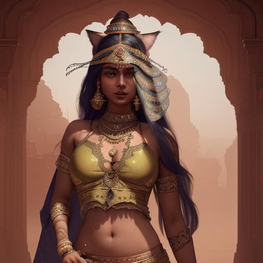 Indian Woman with Pot and Cat: Fantasy Art