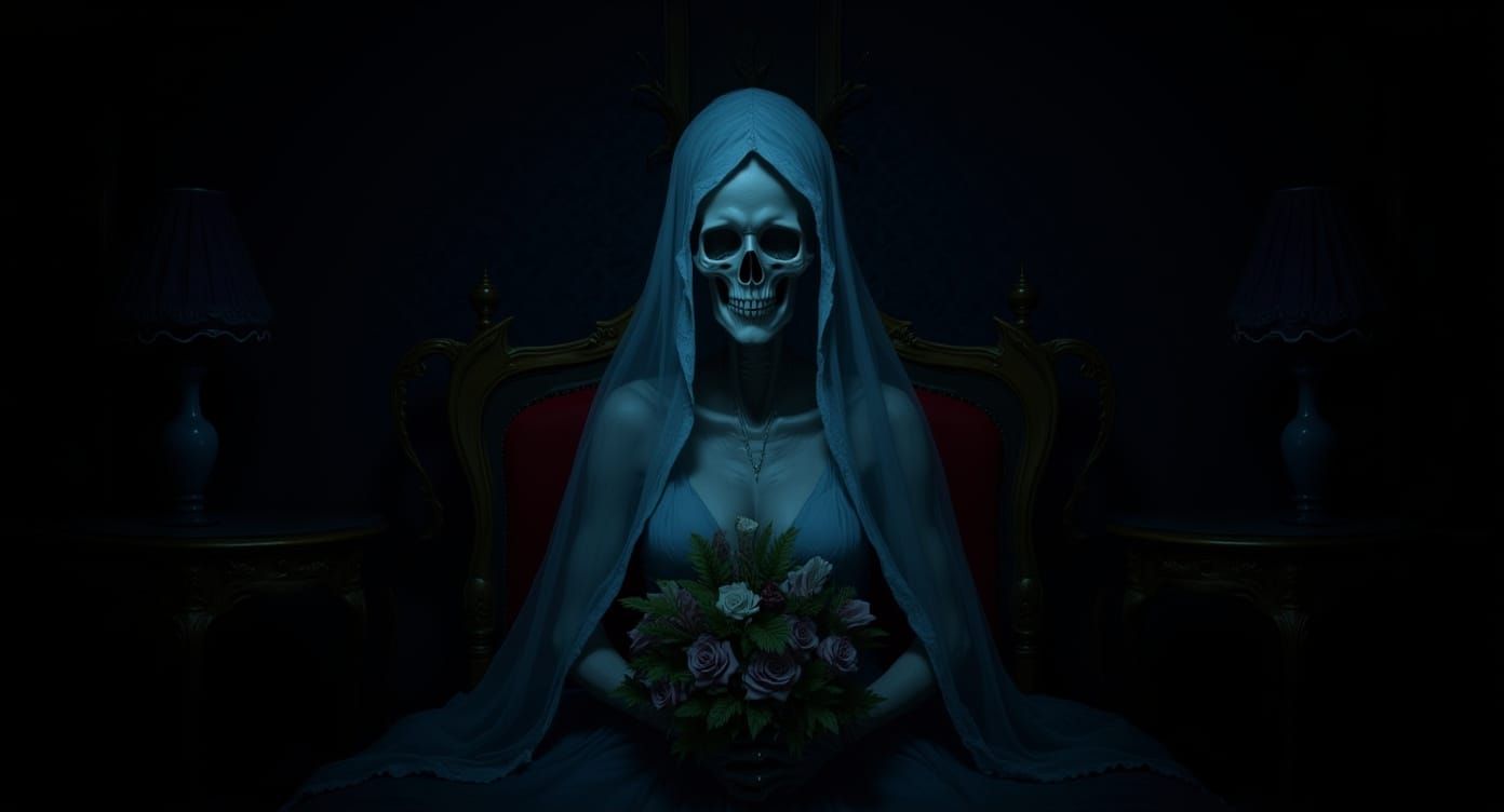 Transparent Skeleton Bride in Ornate Bedroom