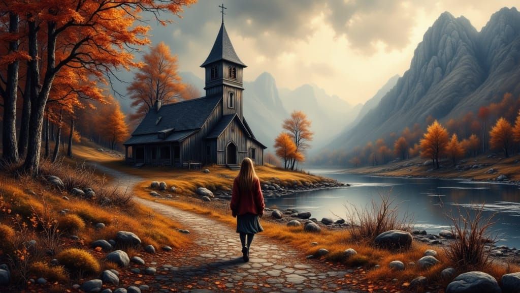 Gothic Autumn Scene in Sfumato Style Painting