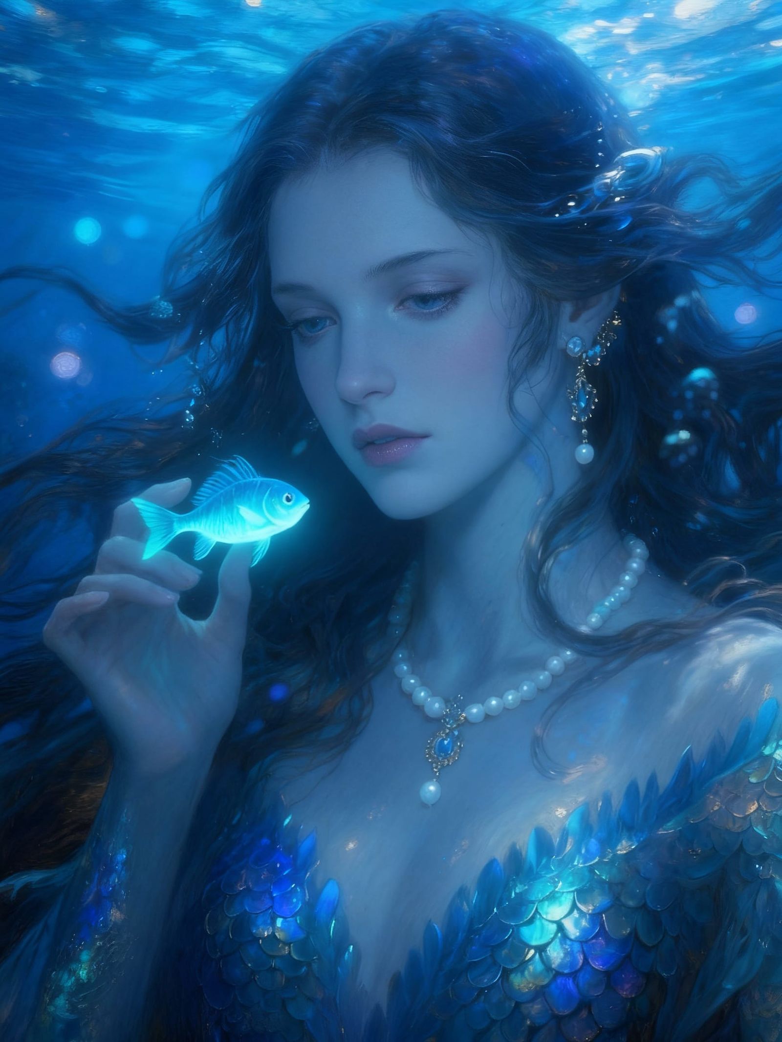 Mermaid with Bioluminescent Fish Underwater, Ethereal Fantas...