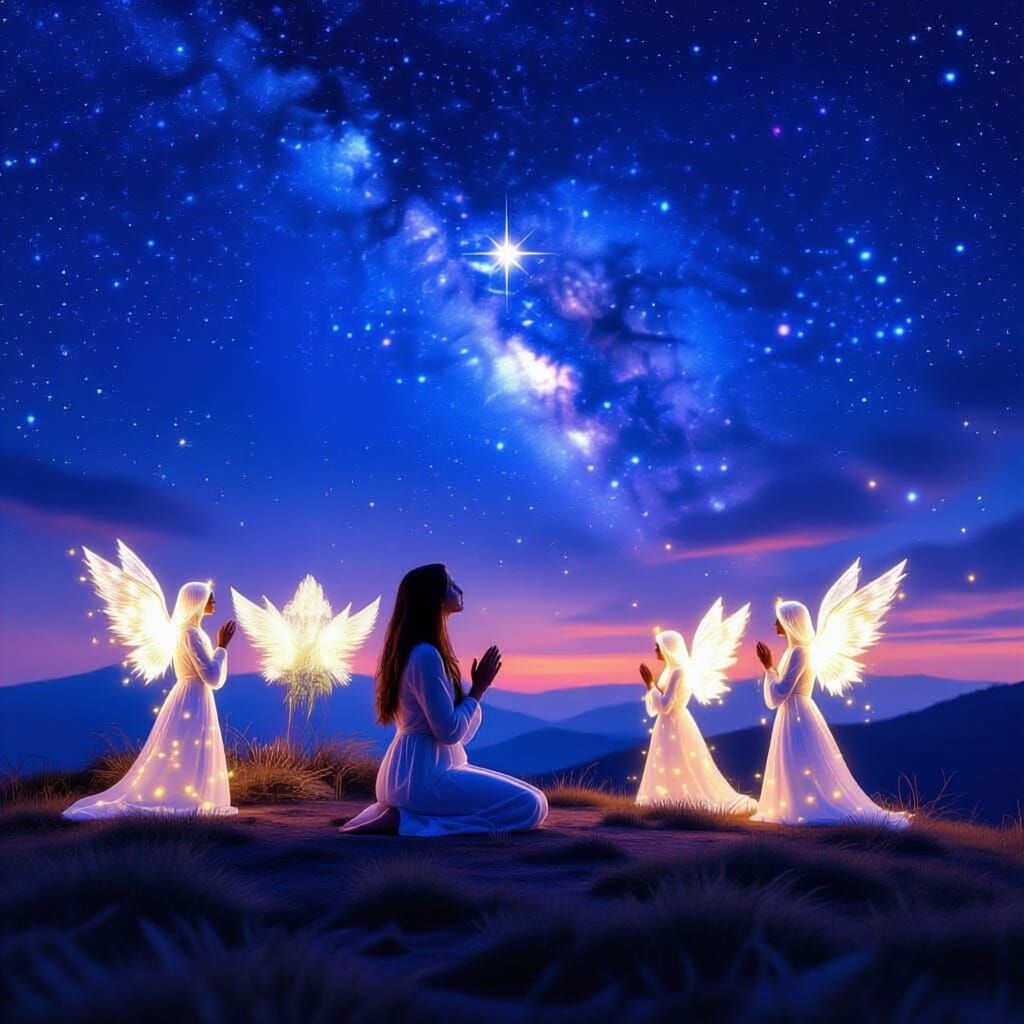 Woman Kneeling Before Radiant Star on Hilltop