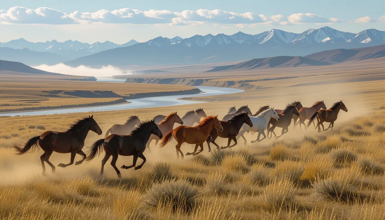 Wild Horses Gallop Across High Plateau in Ethereal Digital A...