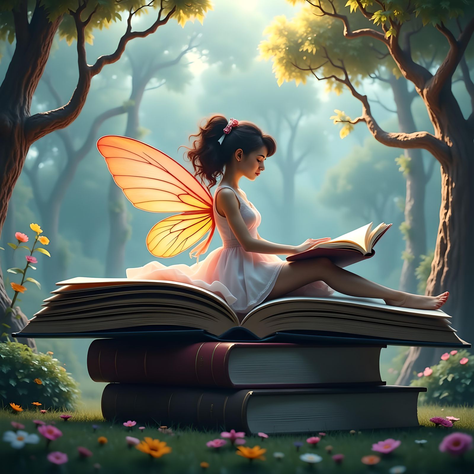 Enchanted Fairy Reading on Rainbow Book Stack
