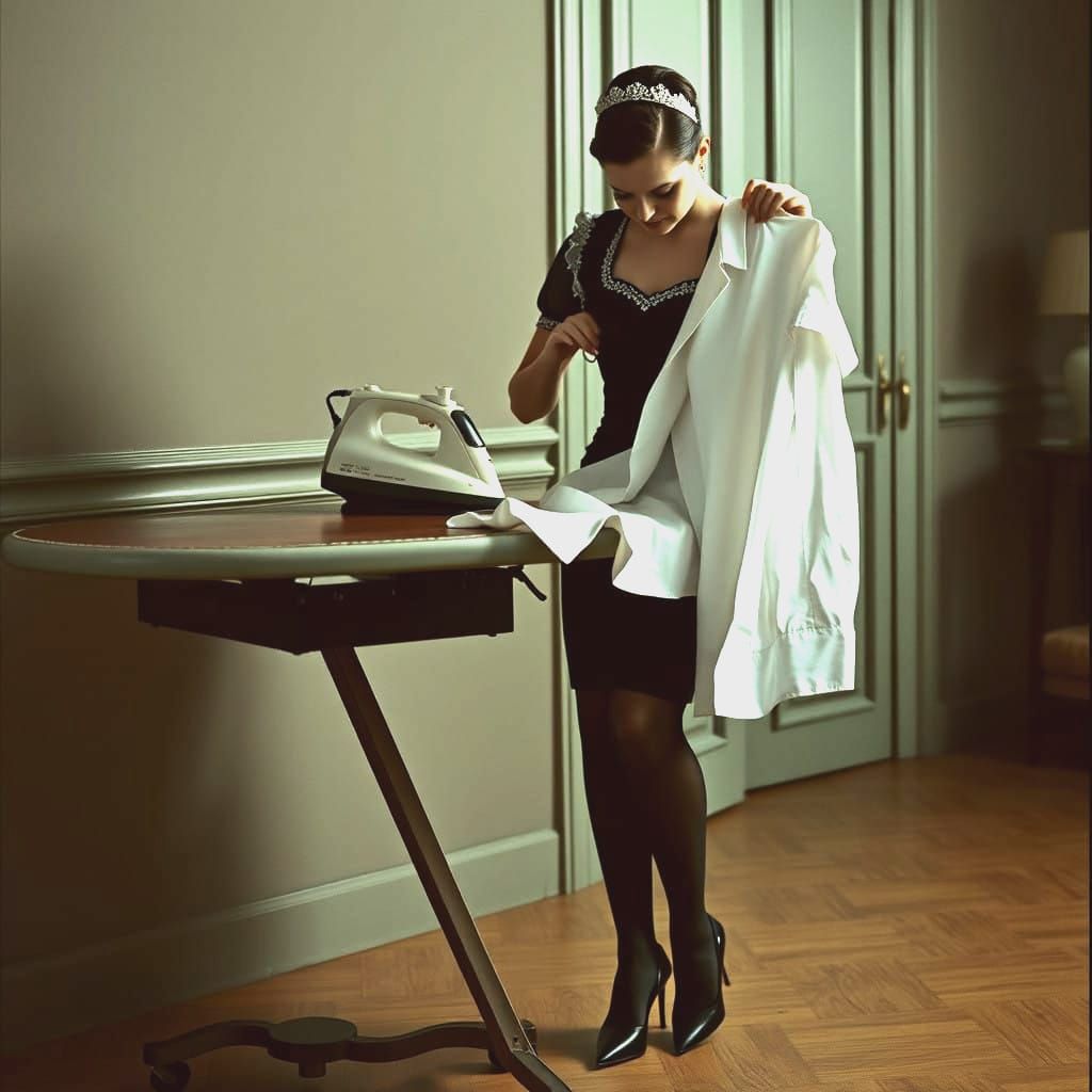 Attractive French Maid Irons Shirt in Cinematic Film Style