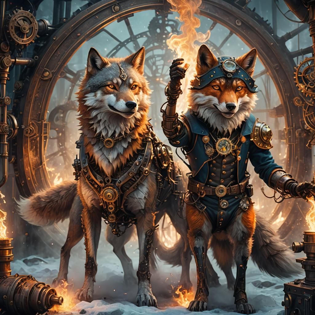 Steampunk Wolf and Fox Duo Amid Fire and Ice