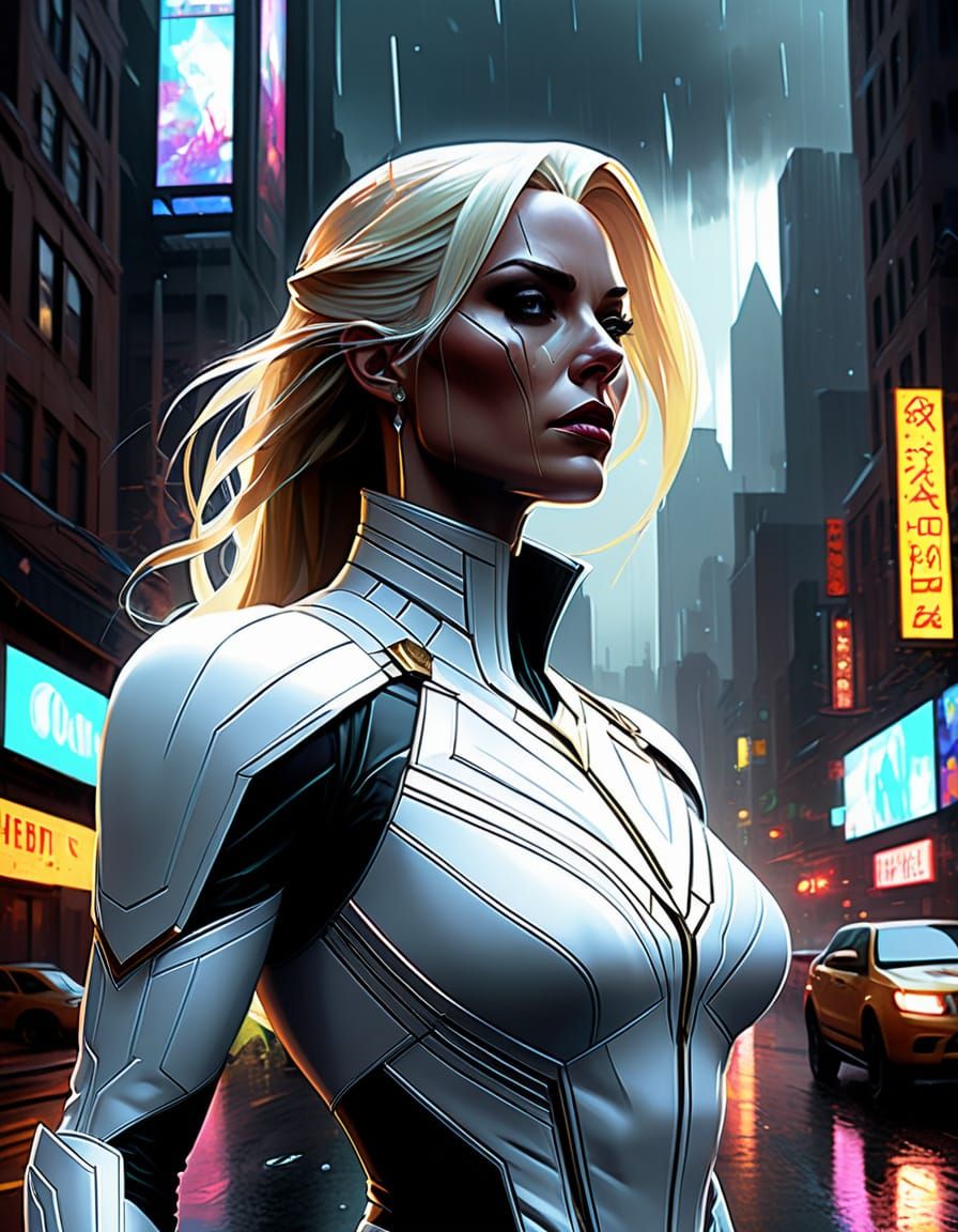 Emma Frost in Diamond Form, Stormy Cityscape