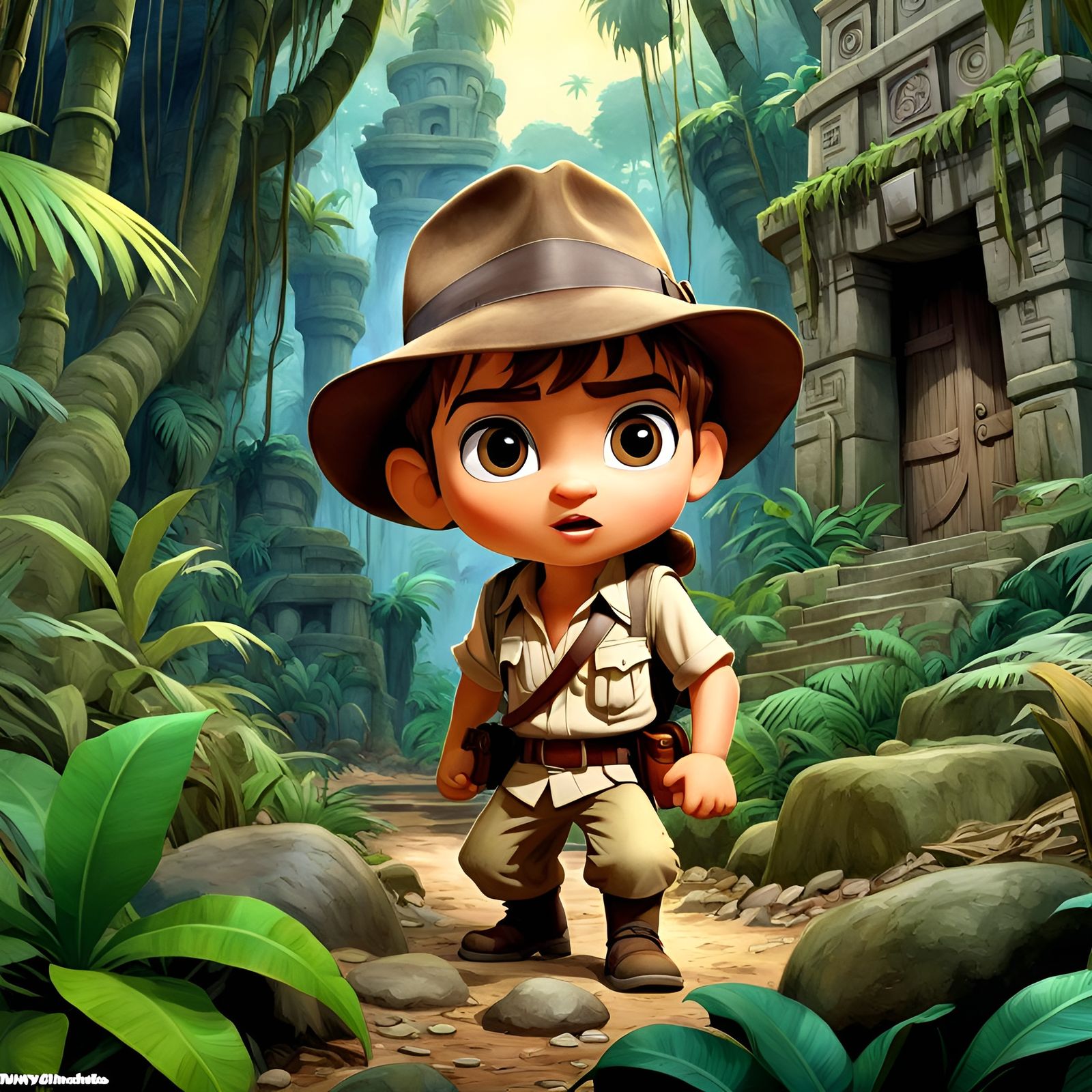 Adorable Chibi Indiana Jones in Jungle Ruins