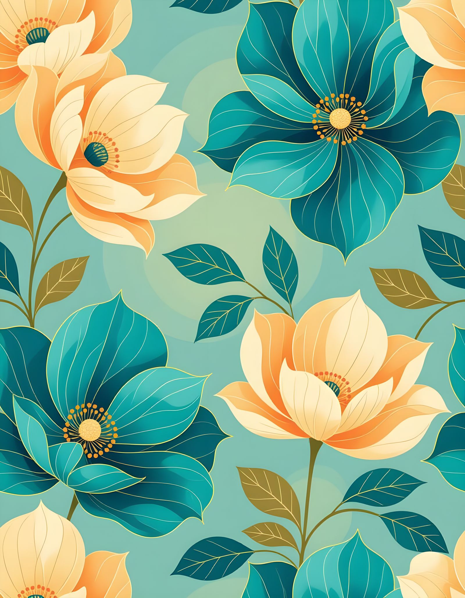 Vibrant Teal and Amber Floral Abstract Wallpaper Design