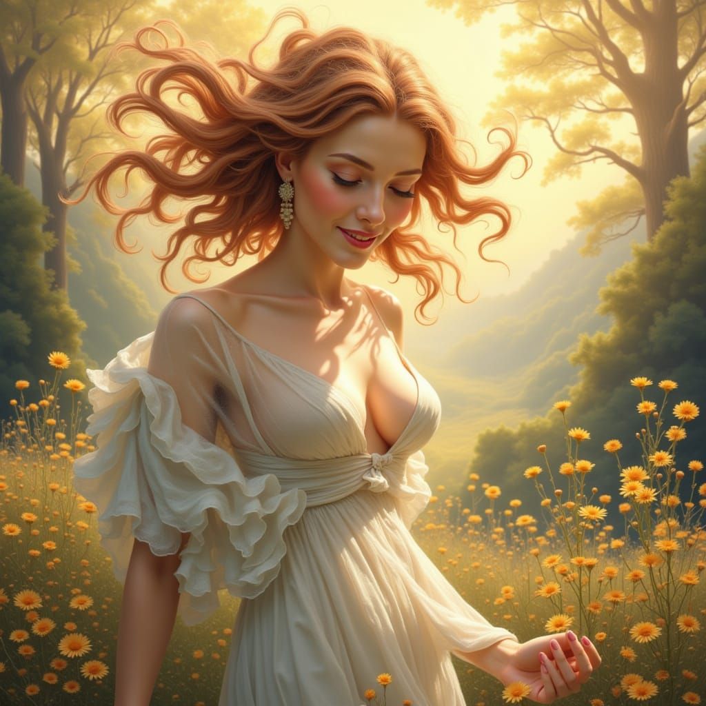 Divine Feminine Embodies Joy in Dreamy Landscape