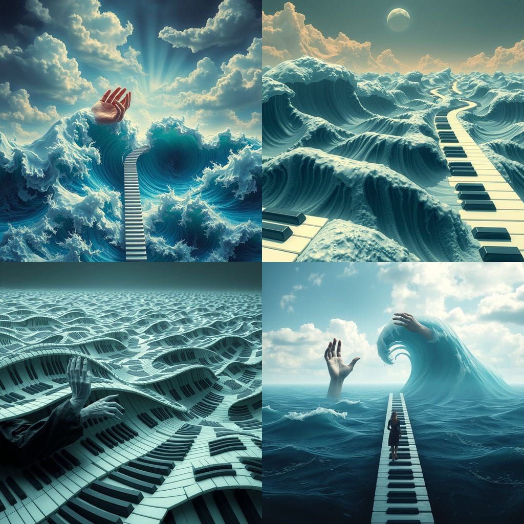Surreal Ocean of Piano Keys Playing Melodies
