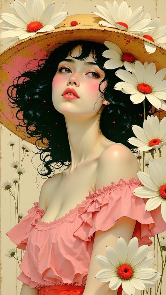 Girl with Daisies Art Nouveau Style