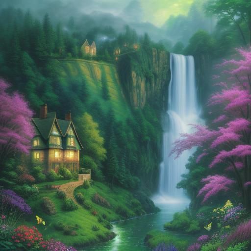 Ethereal Waterfall Scene with Butterflies