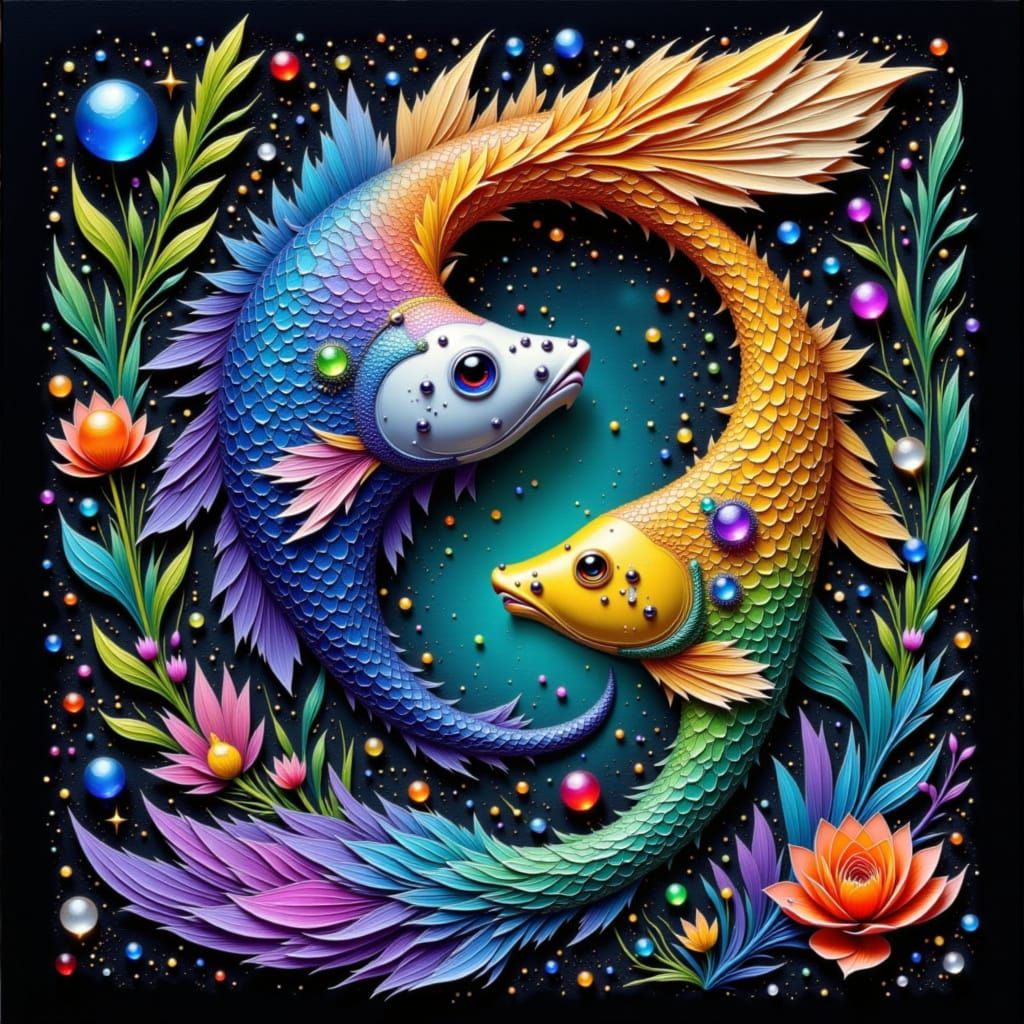 Yin-Yang Fish with Gems in Watercolor Style