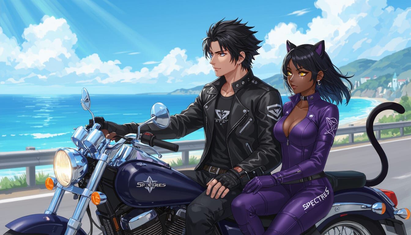 Anime Couple on Seaside Road with Motorcycle