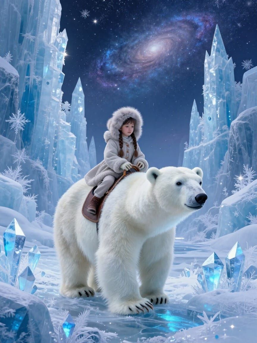 Girl Rides Polar Bear Through Crystal Path