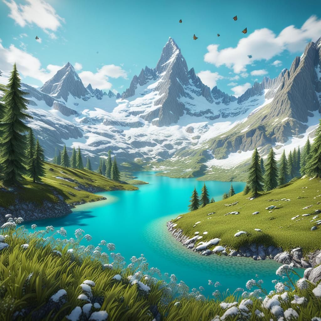 Realistic Swiss Mountain Landscape with Turquoise Lake