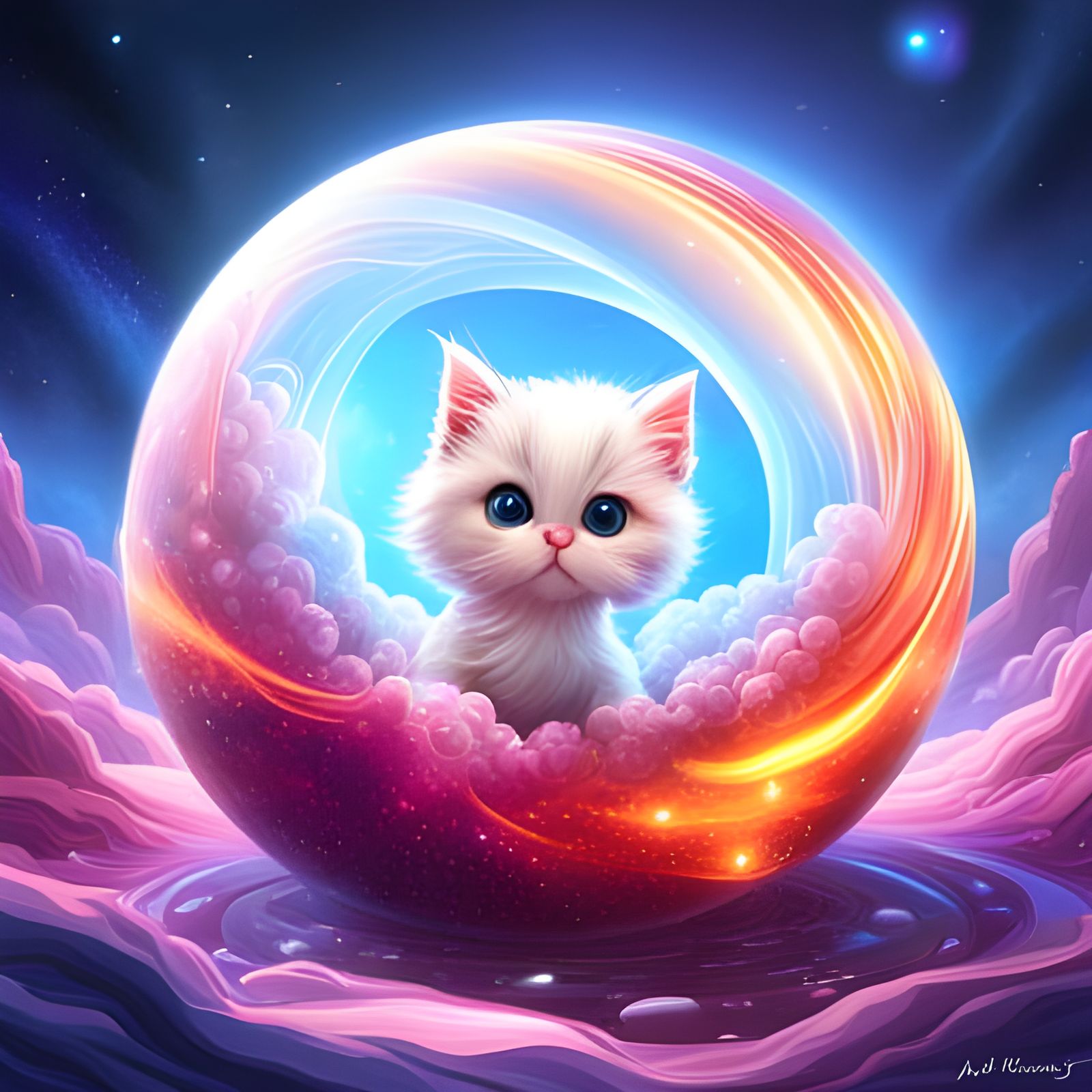 Bioluminescent Cat Surrounded by Reflective Bubbles