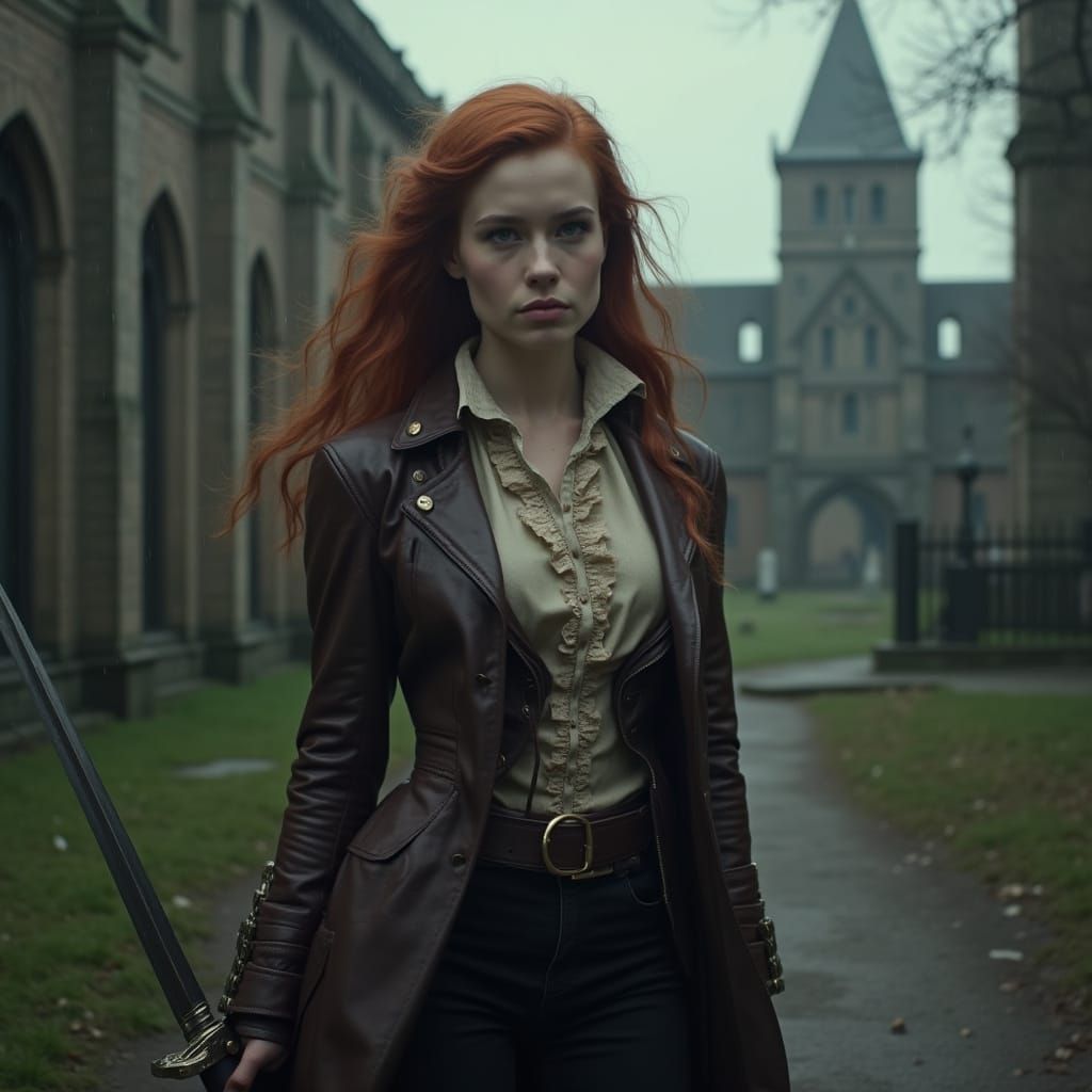 Victorian Woman with Sword in Rainy Churchyard