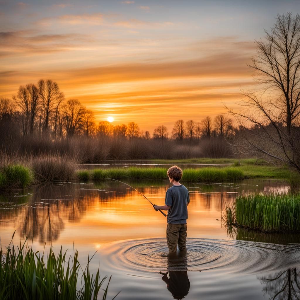 Boy Fishing at Ethereal Spring Sunset