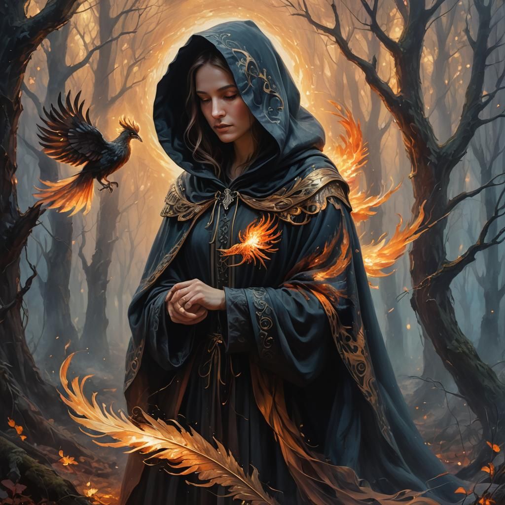 Phoenix in Hand: A Dark Fantasy Oil Painting