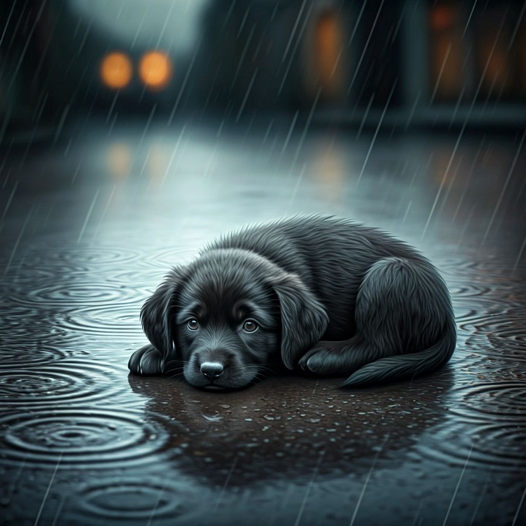 Sad Puppy on Wet Road in Somber Painterly Style