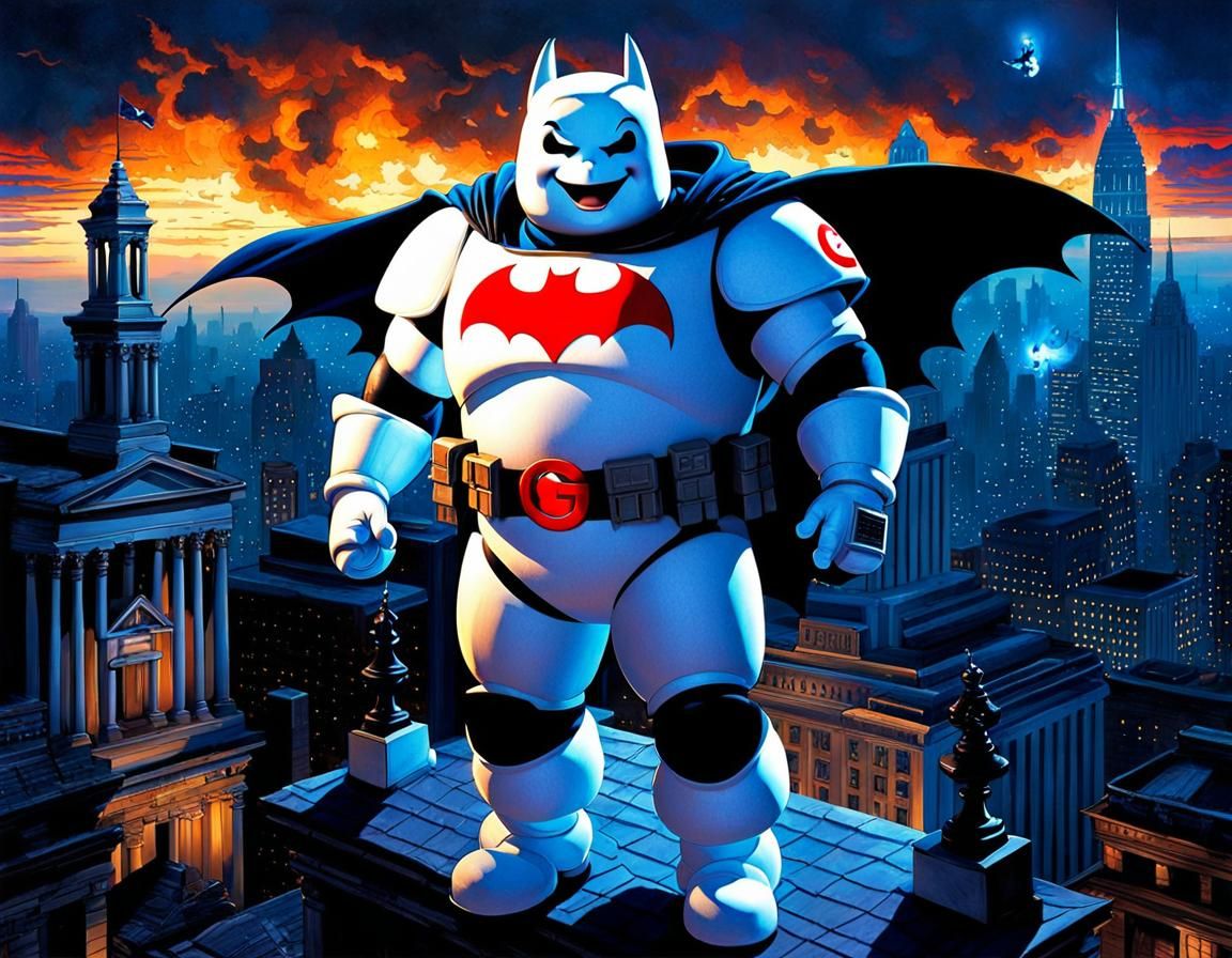 Batman Stay Puft Fusion over Gotham in Digital Painting
