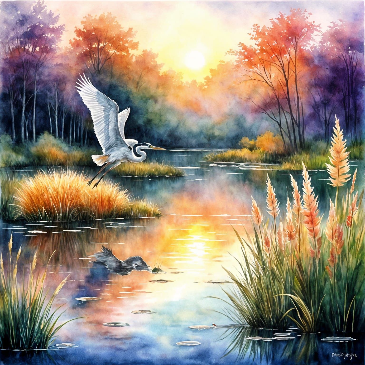 Heron Takes Flight at Golden Hour Sunset