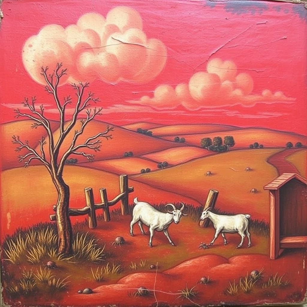 Goats Clash in Tudor-Style Vintage Oil Painting