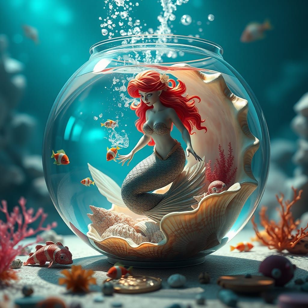 Enchanting Mermaid in Fishbowl, 3D Rendered