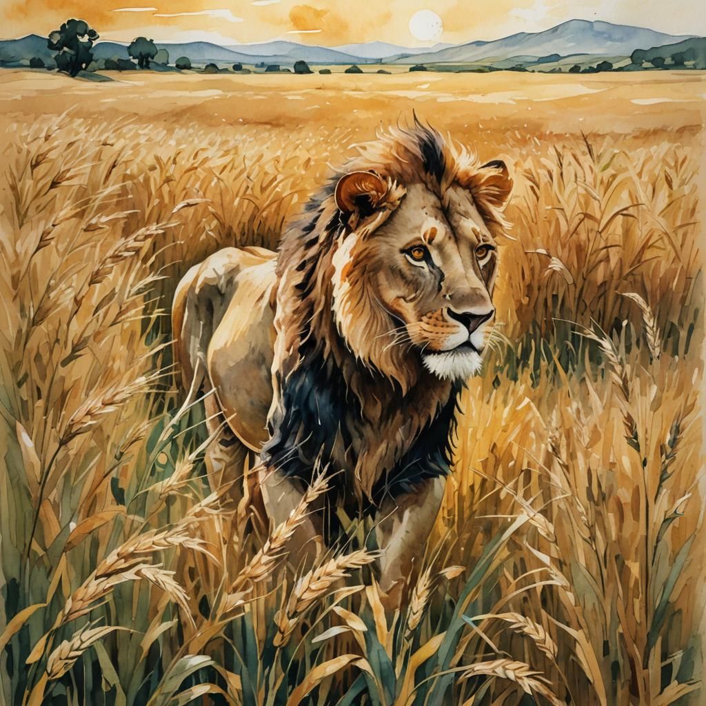 Lion in Wheat Fields: Impressionistic Watercolor Painting