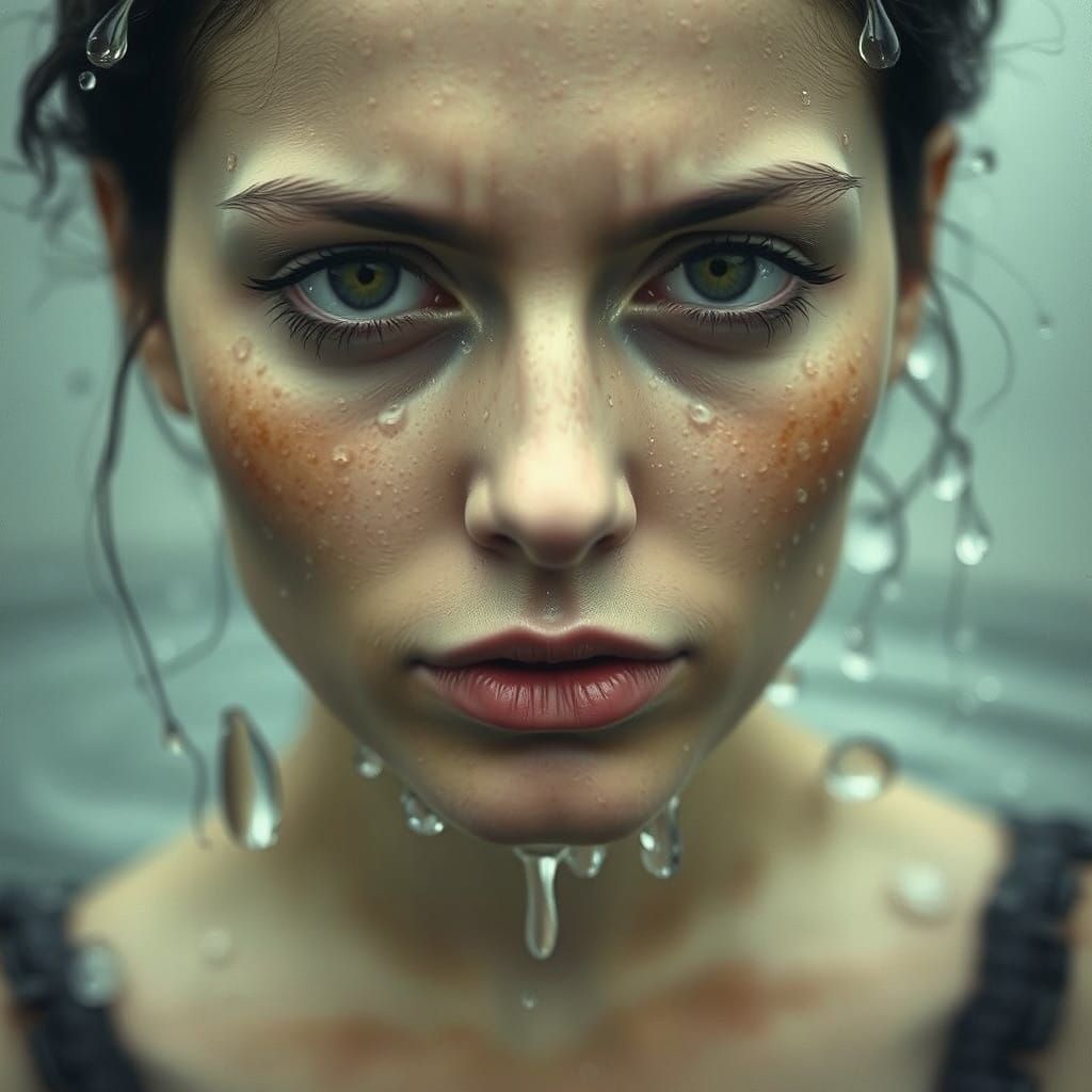 Woman in Water Droplets, Surreal and Foreboding