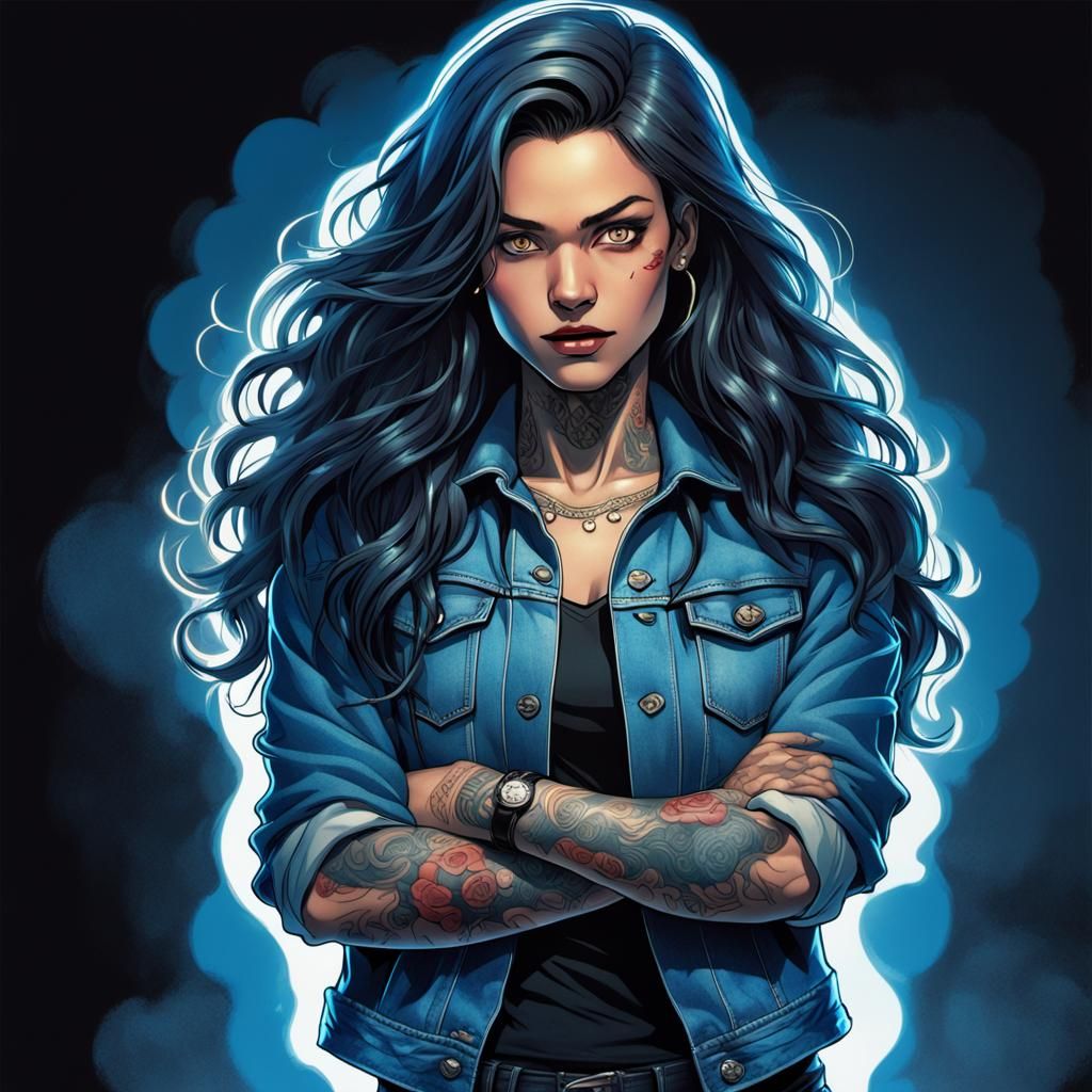 Woman in Denim with Tattoos in Comic Book Style