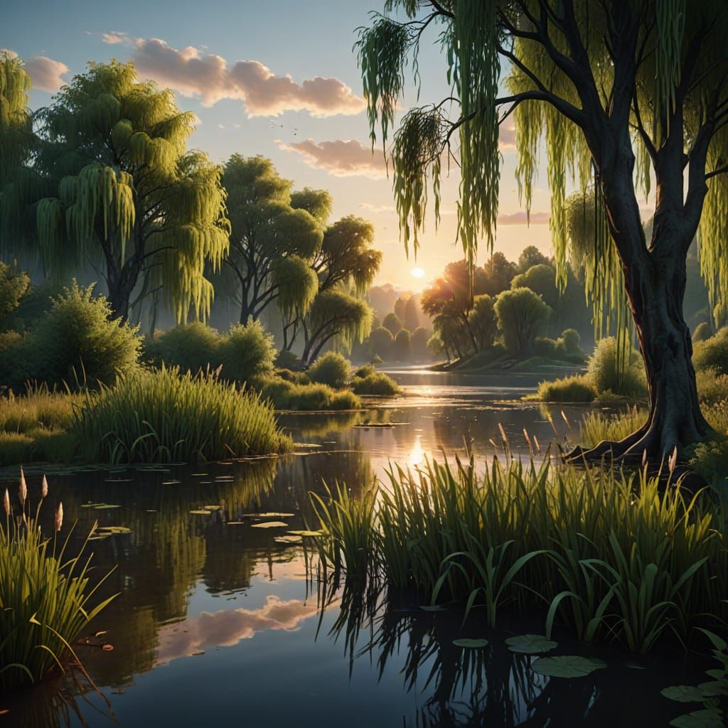 Surreal Sunrise Scene in a Fantastical Lake Landscape