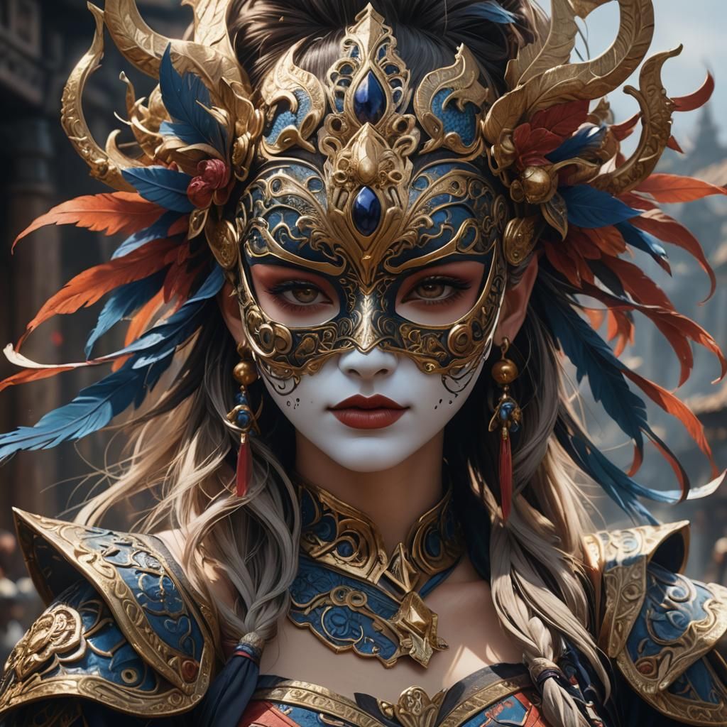 Girl with Traditional Mask: Detailed Matte Painting