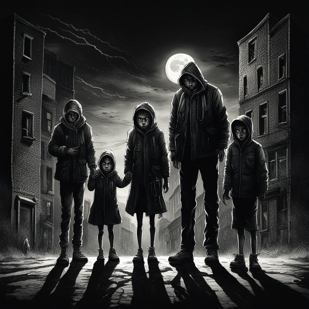 Family in Fear: Dark Surrealism in Black and White
